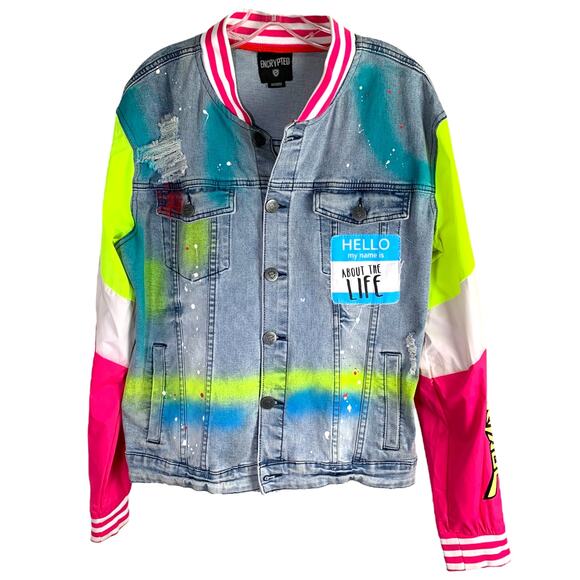 Encrypted Jean Jacket Womens M Blue Denim Graffiti Streetwear Sleeves 1980s - Picture 1 of 11
